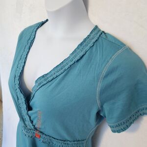 Esprit NWT Women's 1X Faux Wrap V Neck Blue Ruffle T-Shirt Top